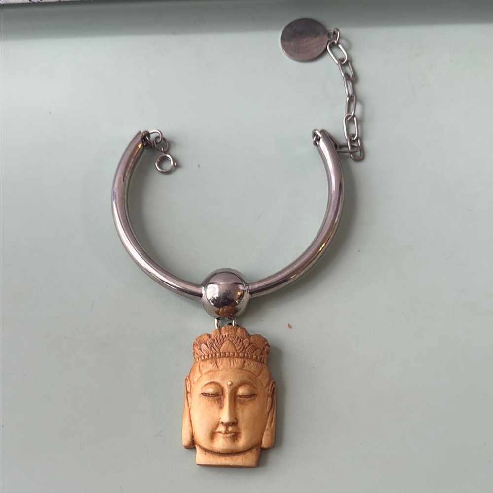 Carved Buddha Head Pendant on Silver-Tone Choker